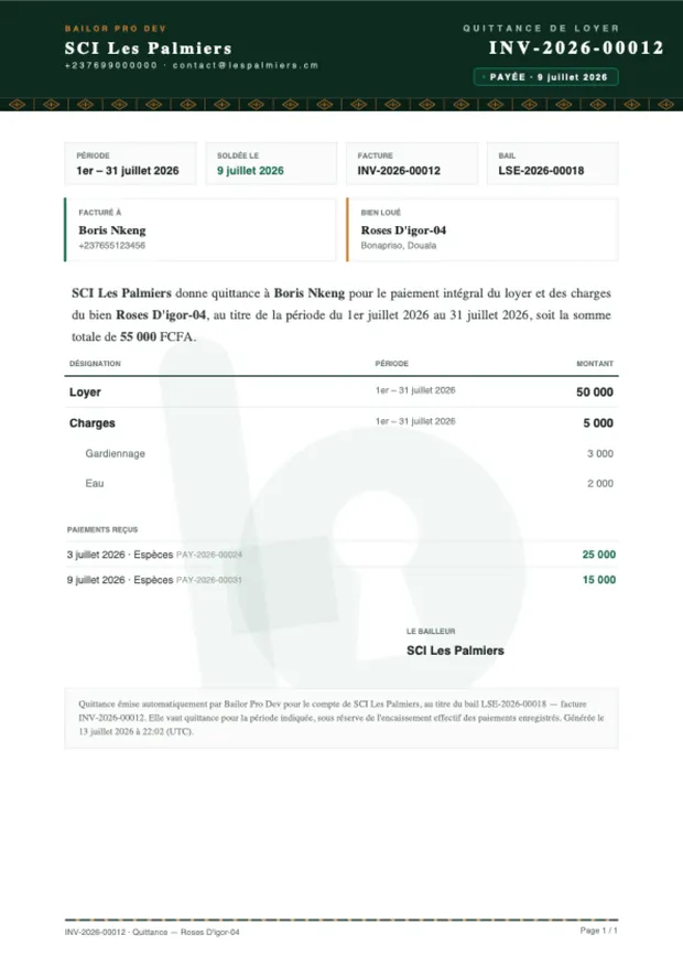 Quittance de loyer Bailor — PDF officiel